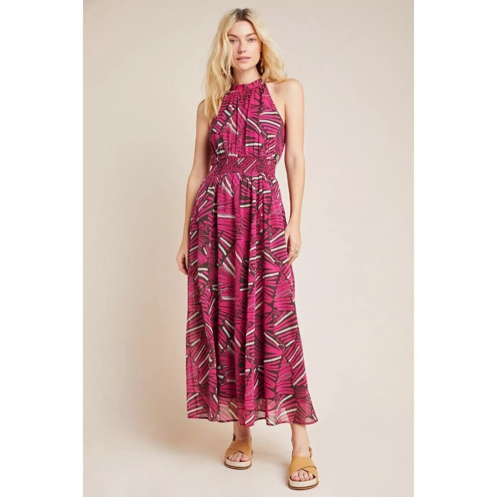 NWT Anthropologie Maeve Kelli Halter Maxi in Pink Combo Sleeveless Dress XS